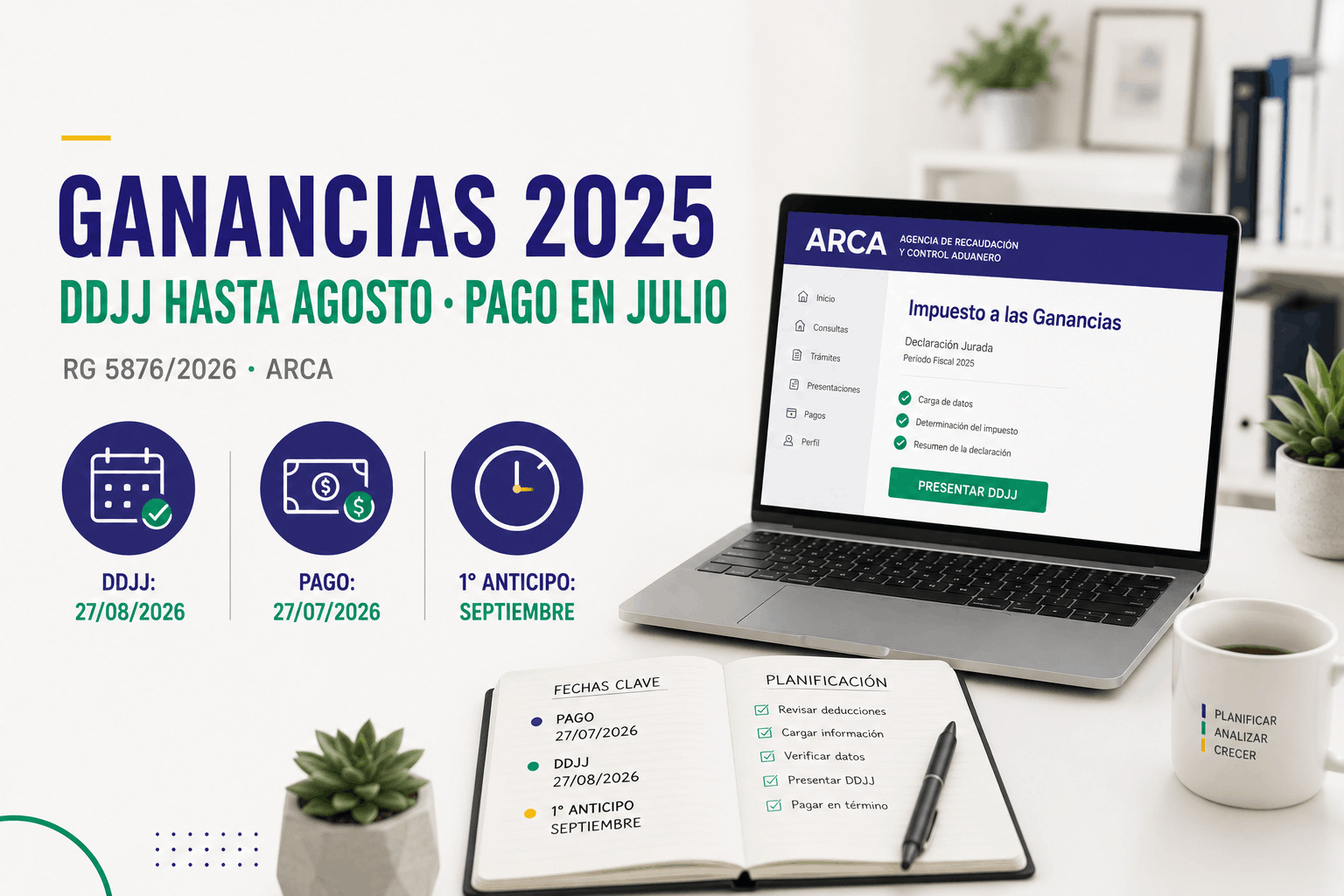 Imagen de portada: Ganancias 2025: DDJJ hasta agosto, pago en julio (RG 5876)